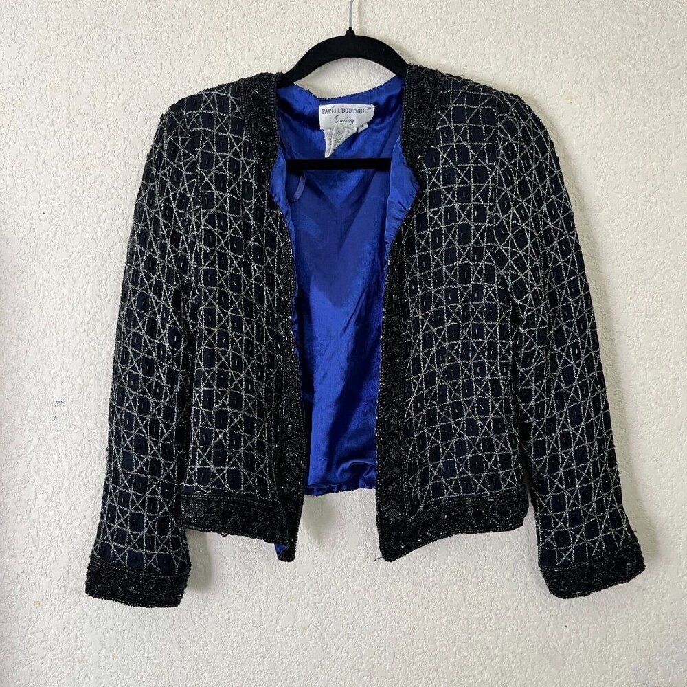 VTG Papell Boutique Womens Beaded Silk Evening Jacket Cardigan Small Black Lined